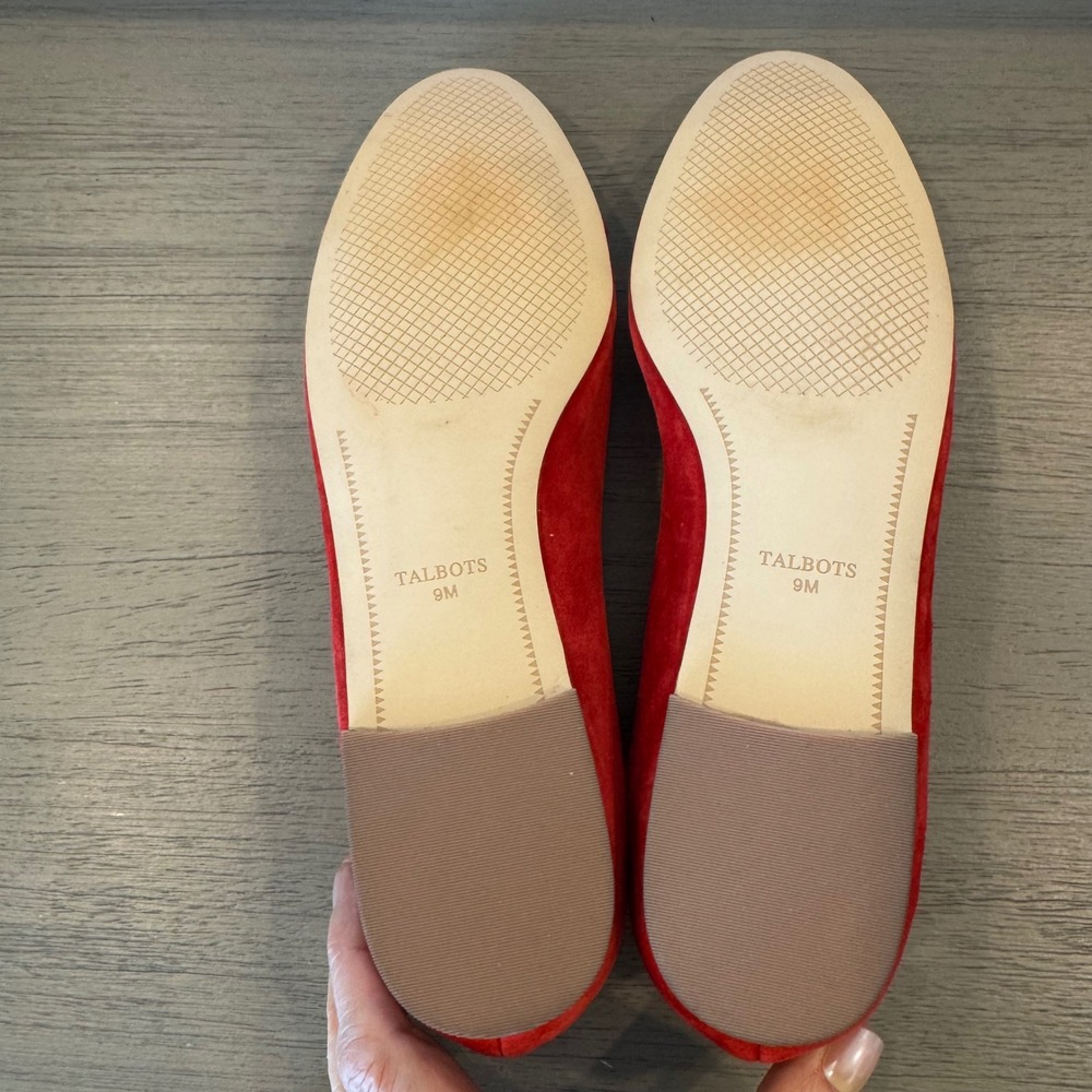 Talbots Women 9 M Red Suede Patent‎ Cap Toe Ballet Flats Bow Detail Low Heel - Picture 11 of 13